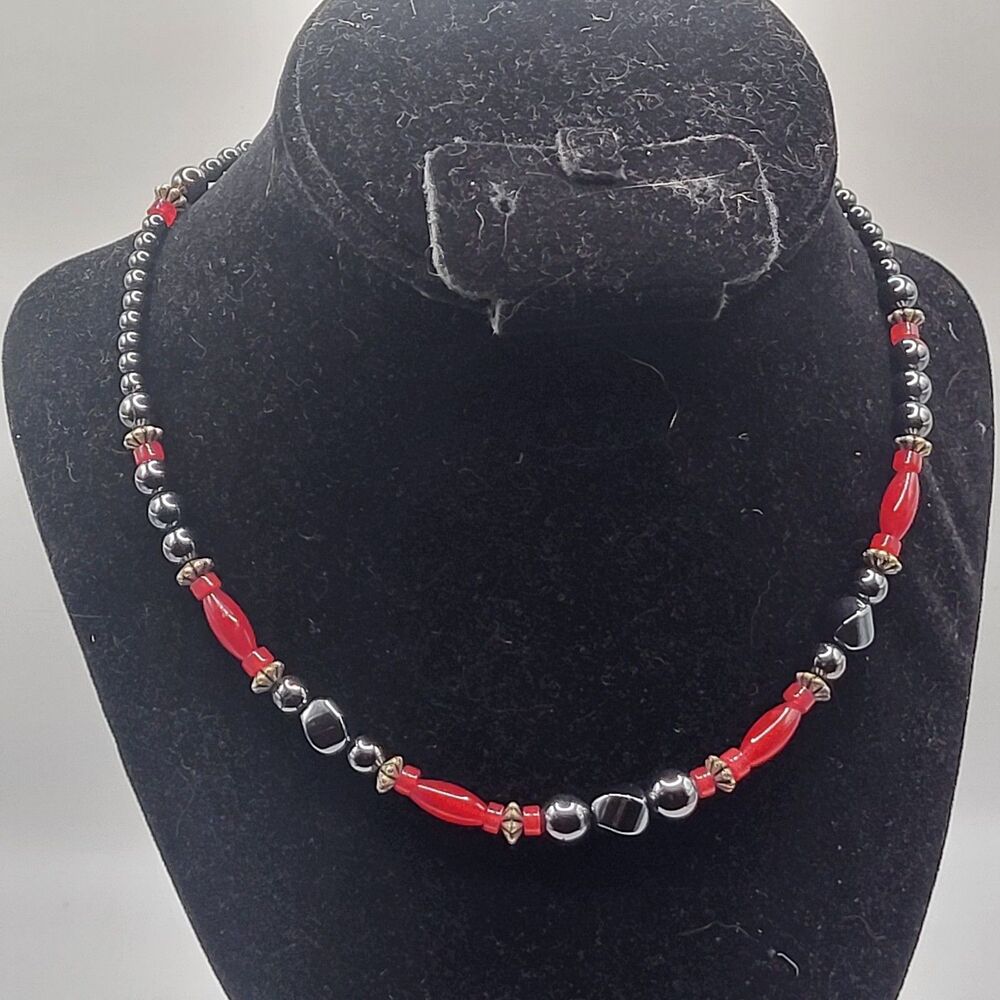 Hematite Red Glass Choker Collar Necklace Beaded 17in Graduated Minimalist